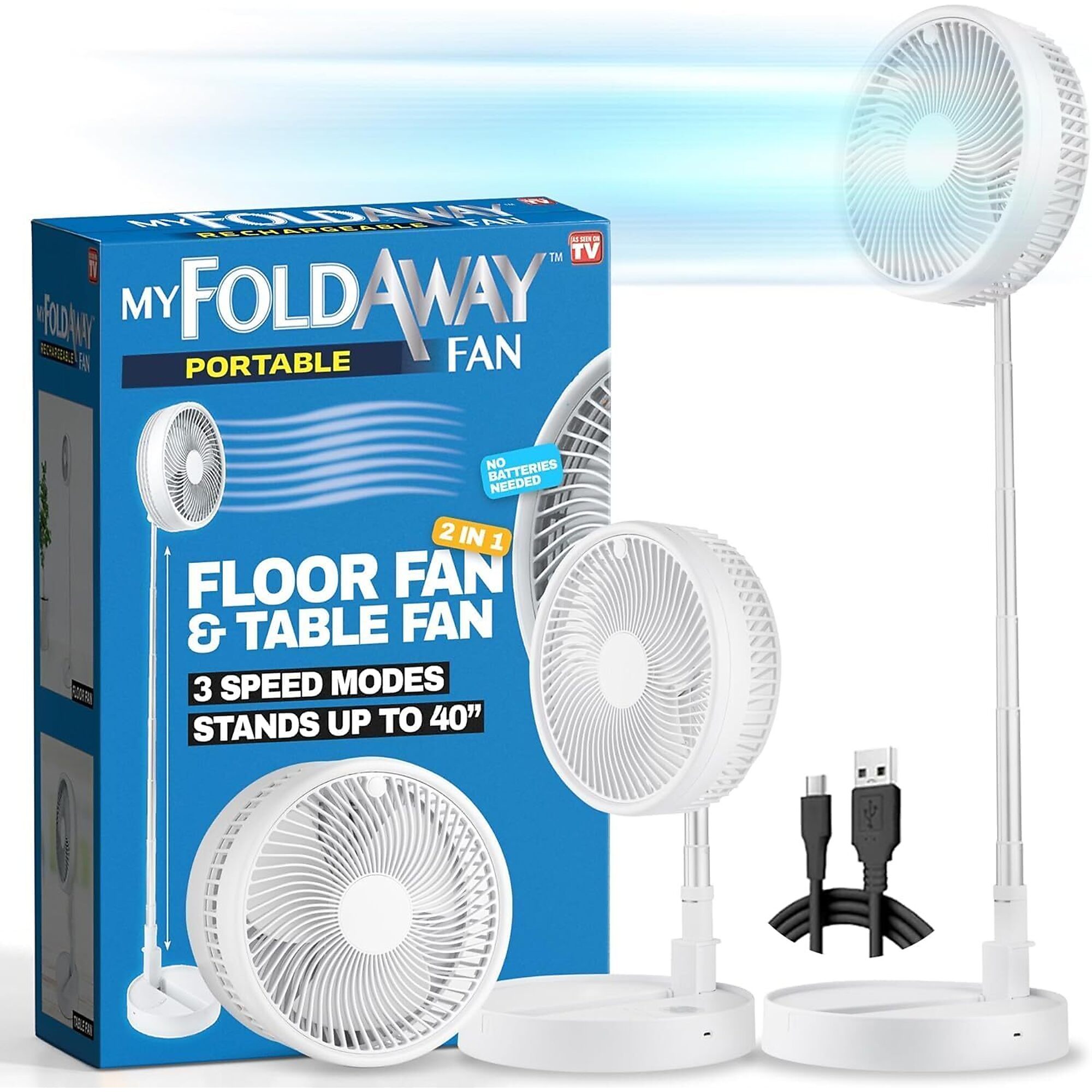 Bell + Howell MyFoldaway Rechargeable Portable Fan, 8 in., USB Rechargeable, Telescopic Stem Extends 4-40 in., 3 Speeds, White, 7039